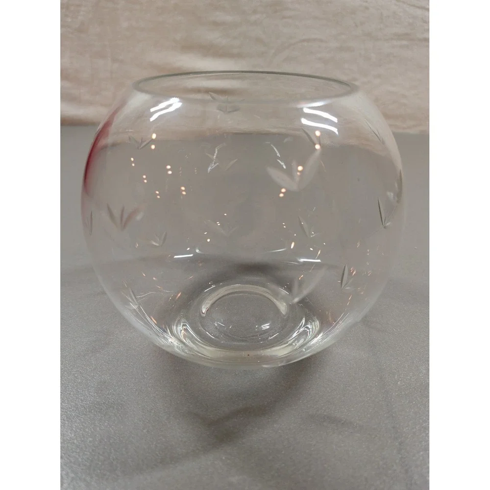Vintage Etched Glass Rose Bowl Round Clear‎ Vase Wheat Leaf Pattern 4 Inch